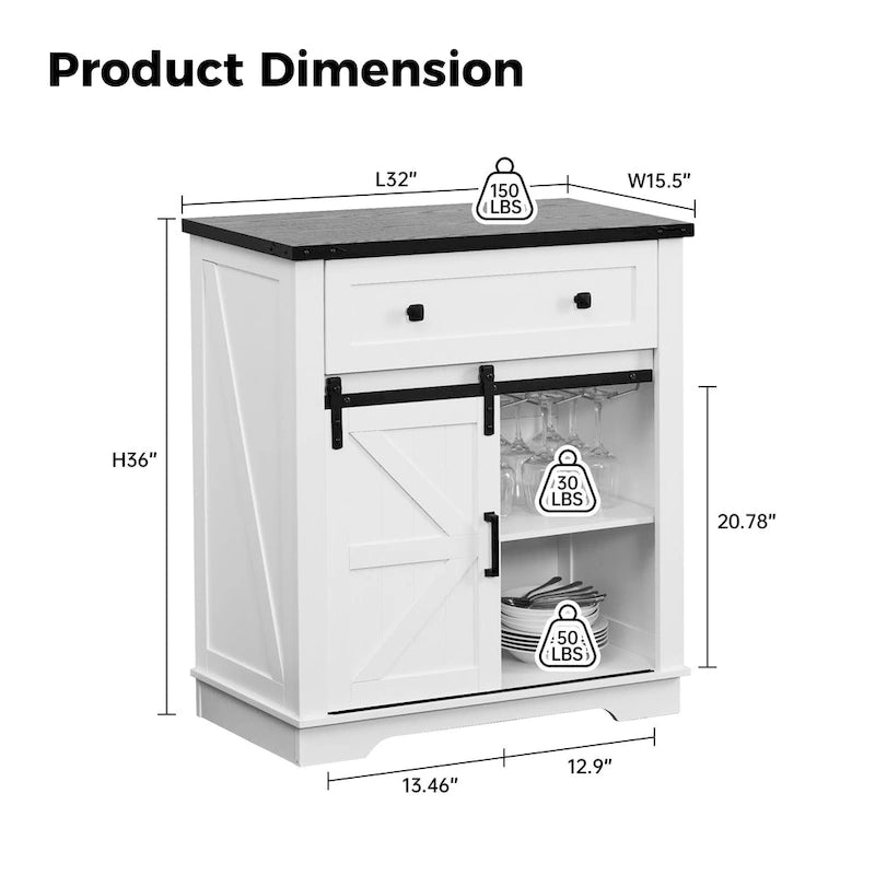 Farmhouse Buffet Sideboard with Sliding Barn Door, Drawer, and Glass Slots