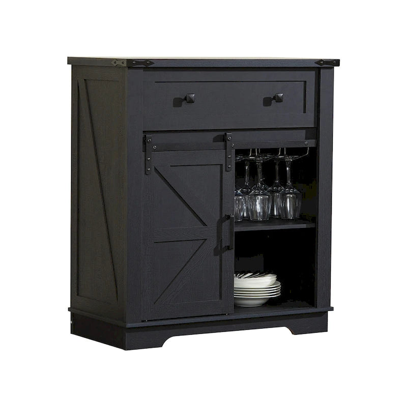Farmhouse Buffet Sideboard with Sliding Barn Door, Drawer, and Glass Slots
