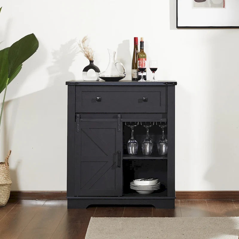 Farmhouse Buffet Sideboard with Sliding Barn Door, Drawer, and Glass Slots