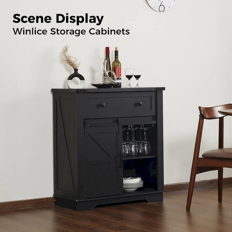 Farmhouse Buffet Sideboard with Sliding Barn Door, Drawer, and Glass Slots