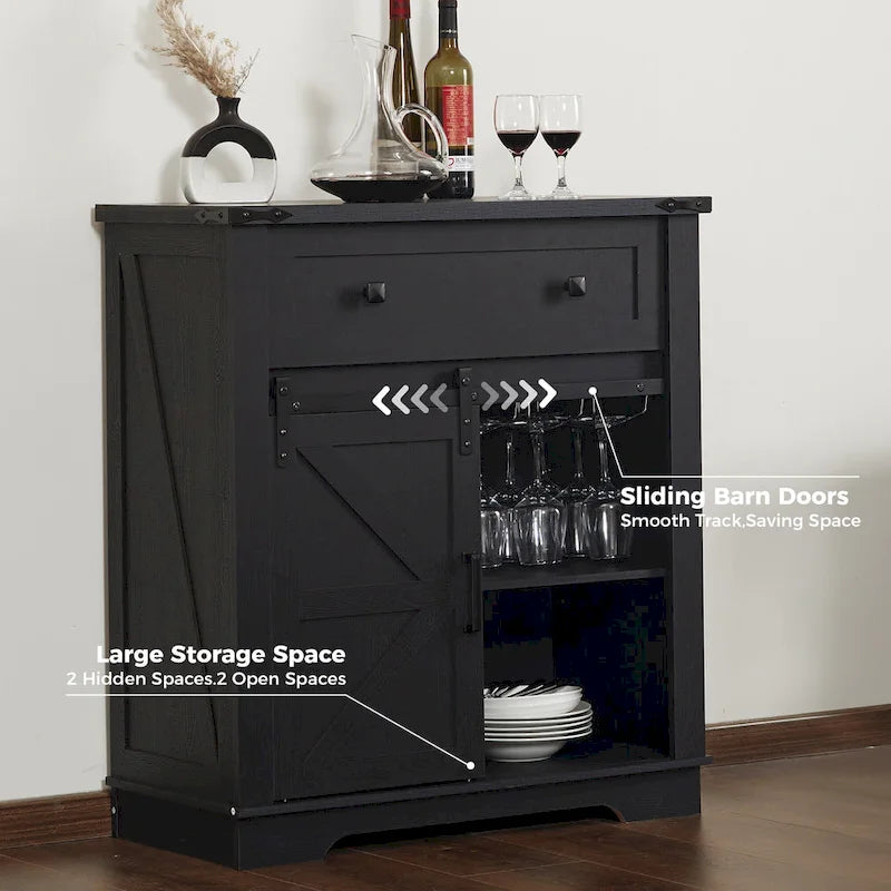 Farmhouse Buffet Sideboard with Sliding Barn Door, Drawer, and Glass Slots
