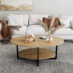 Solid Wood Oval Coffee Table with Cross Metal Legs
