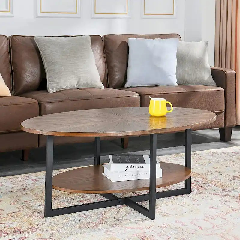 Solid Wood Oval Coffee Table with Cross Metal Legs
