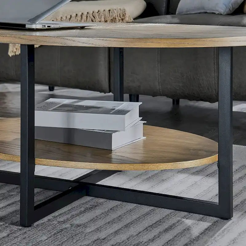 Solid Wood Oval Coffee Table with Cross Metal Legs