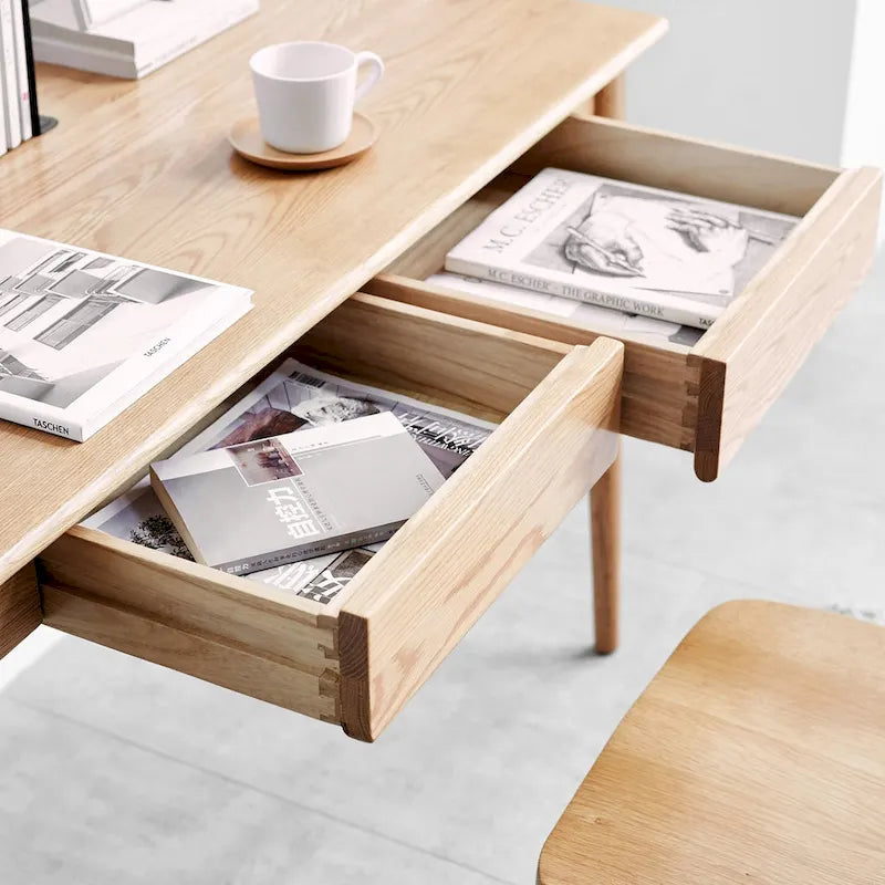 Solid Wood Computer Study Desk with Drawer and Cable Management