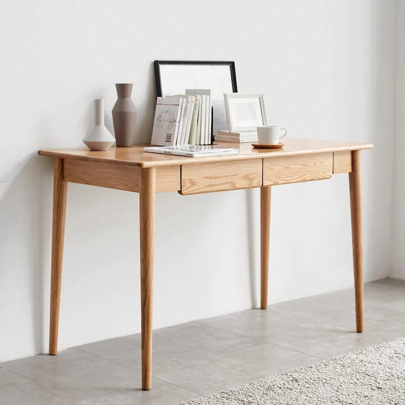 Solid Wood Computer Study Desk with Drawer and Cable Management