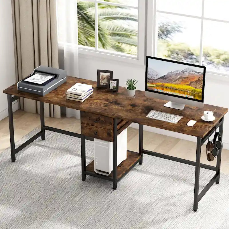 78" Two-Person Industrial Workstation Desk with Drawers and Storage Shelves