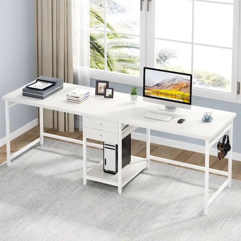 78" Two-Person Industrial Workstation Desk with Drawers and Storage Shelves