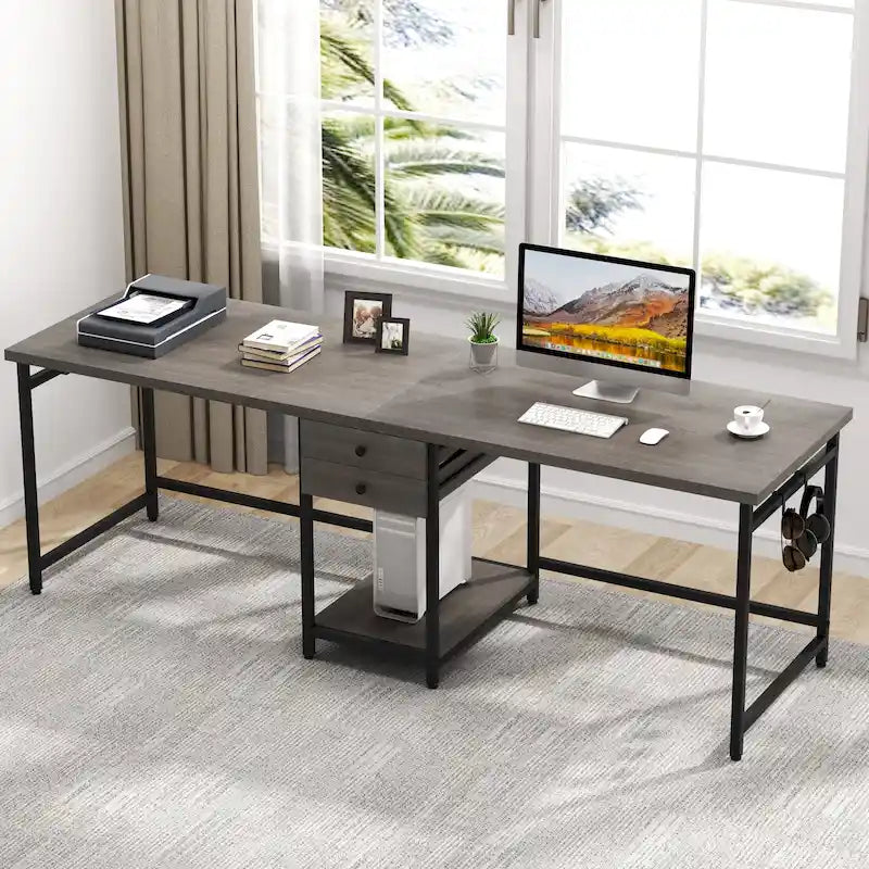 78" Two-Person Industrial Workstation Desk with Drawers and Storage Shelves