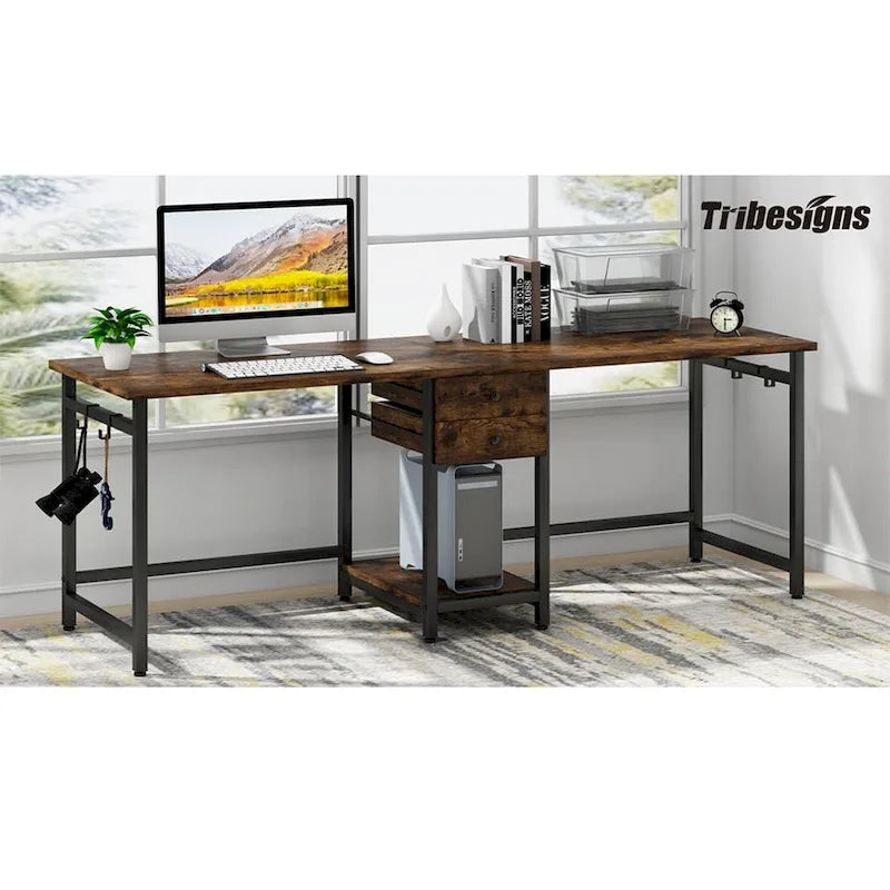 78" Two-Person Industrial Workstation Desk with Drawers and Storage Shelves