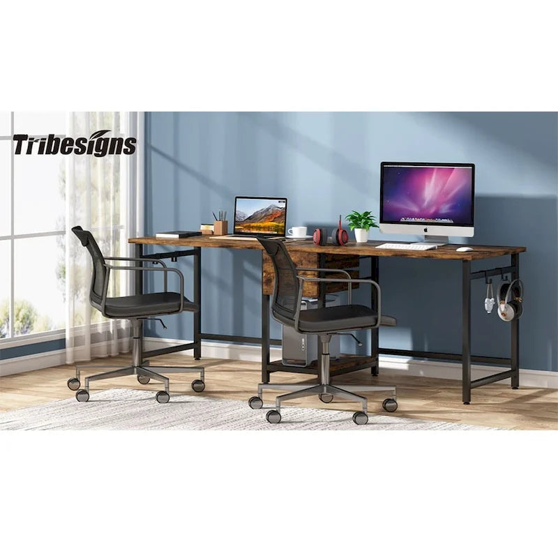 78" Two-Person Industrial Workstation Desk with Drawers and Storage Shelves