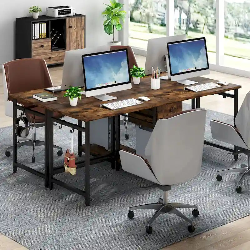 78" Two-Person Industrial Workstation Desk with Drawers and Storage Shelves