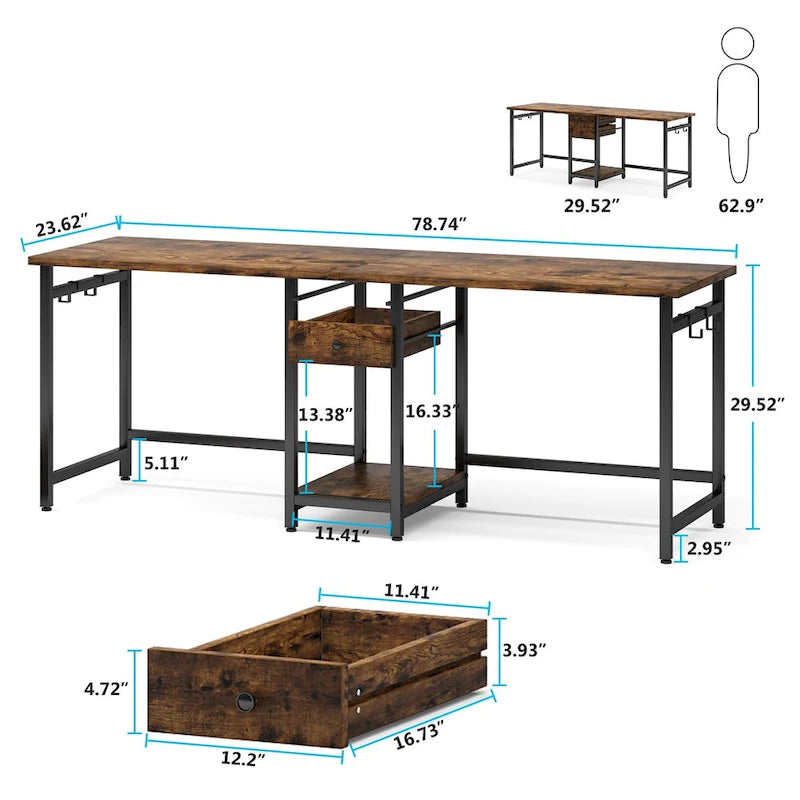 78" Two-Person Industrial Workstation Desk with Drawers and Storage Shelves