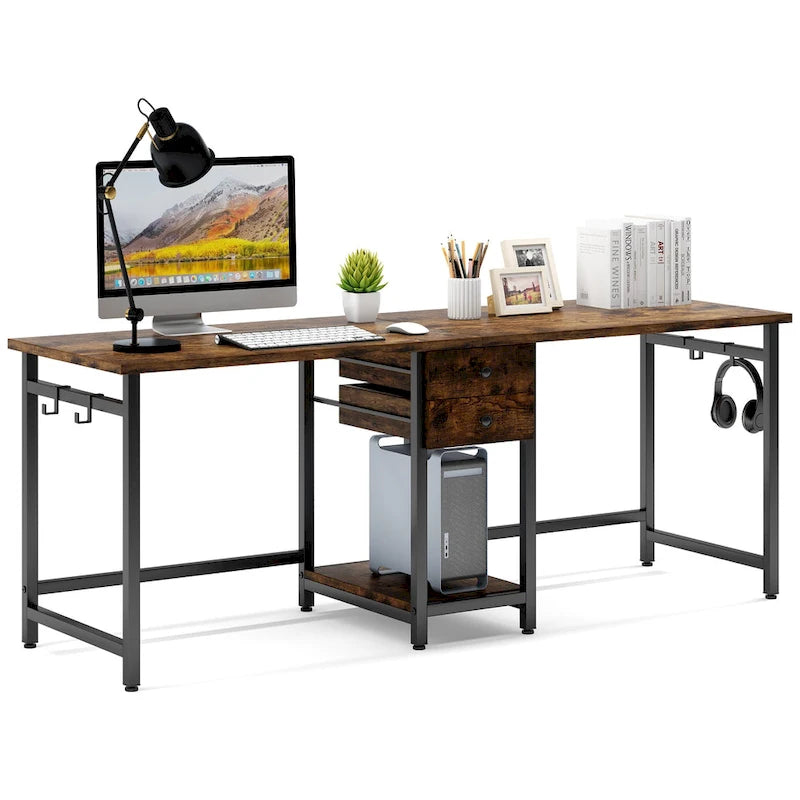 78" Two-Person Industrial Workstation Desk with Drawers and Storage Shelves
