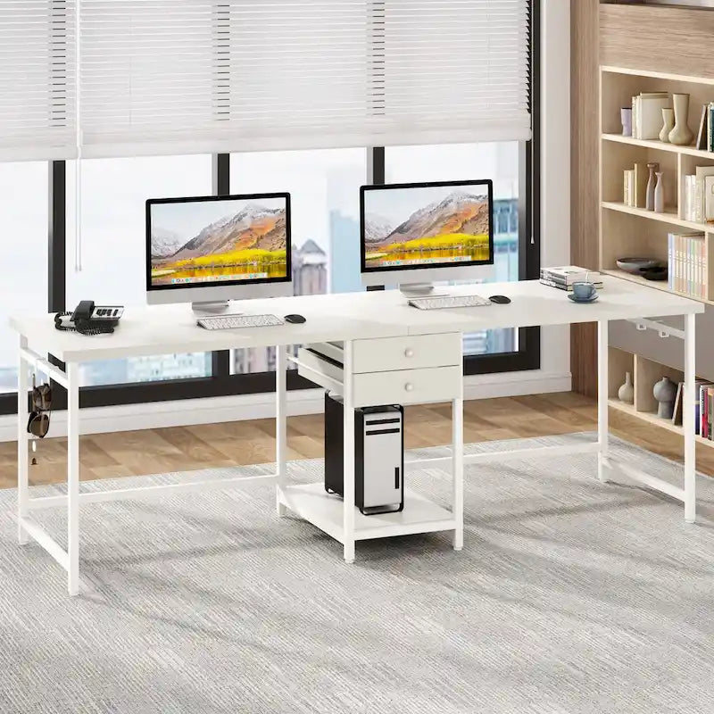 78" Two-Person Industrial Workstation Desk with Drawers and Storage Shelves