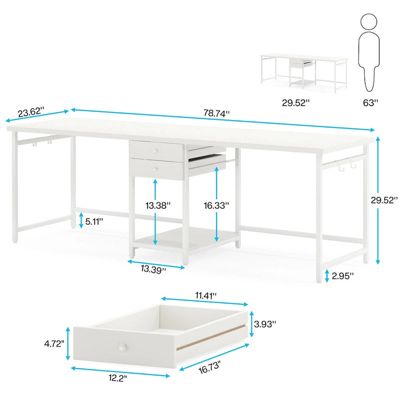 78" Two-Person Industrial Workstation Desk with Drawers and Storage Shelves