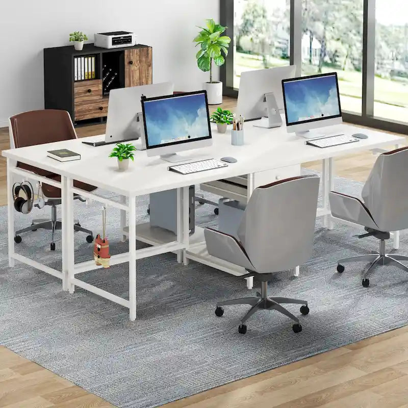 78" Two-Person Industrial Workstation Desk with Drawers and Storage Shelves
