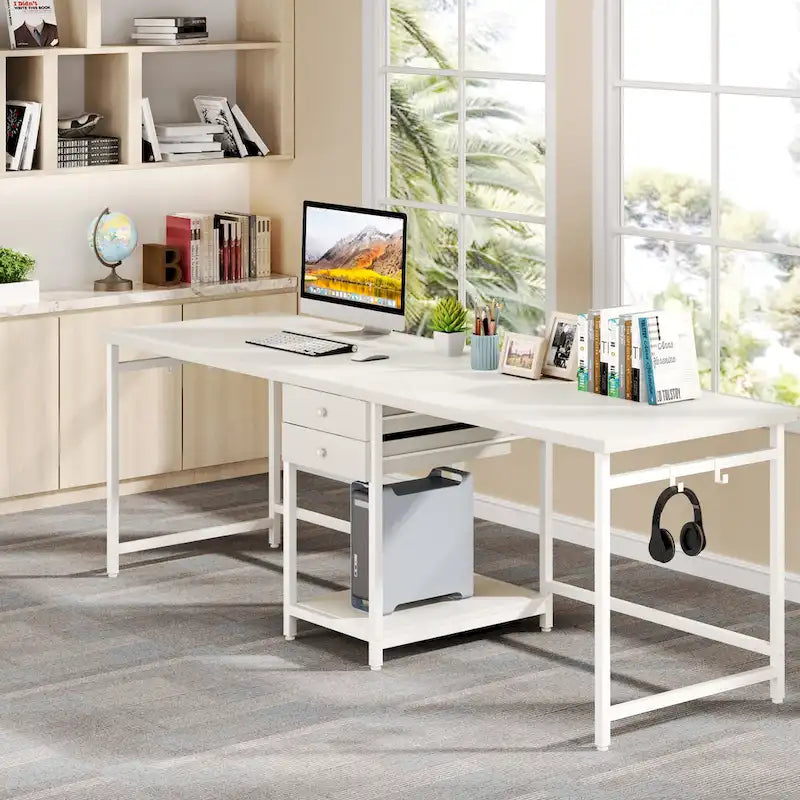 78" Two-Person Industrial Workstation Desk with Drawers and Storage Shelves