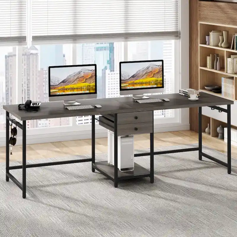 78" Two-Person Industrial Workstation Desk with Drawers and Storage Shelves