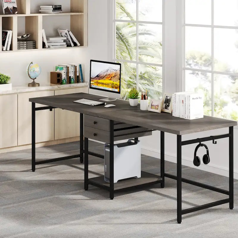 78" Two-Person Industrial Workstation Desk with Drawers and Storage Shelves