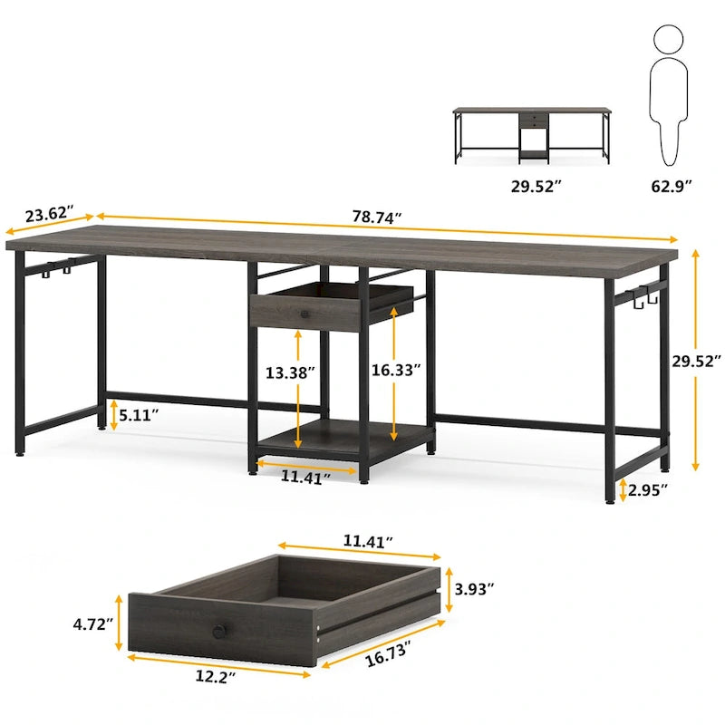 78" Two-Person Industrial Workstation Desk with Drawers and Storage Shelves