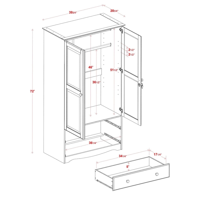100% Solid Wood Wardrobe Armoire with 2 Drawers, Metal or Wooden Knobs