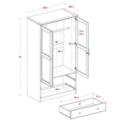 100% Solid Wood Wardrobe Armoire with 2 Drawers, Metal or Wooden Knobs