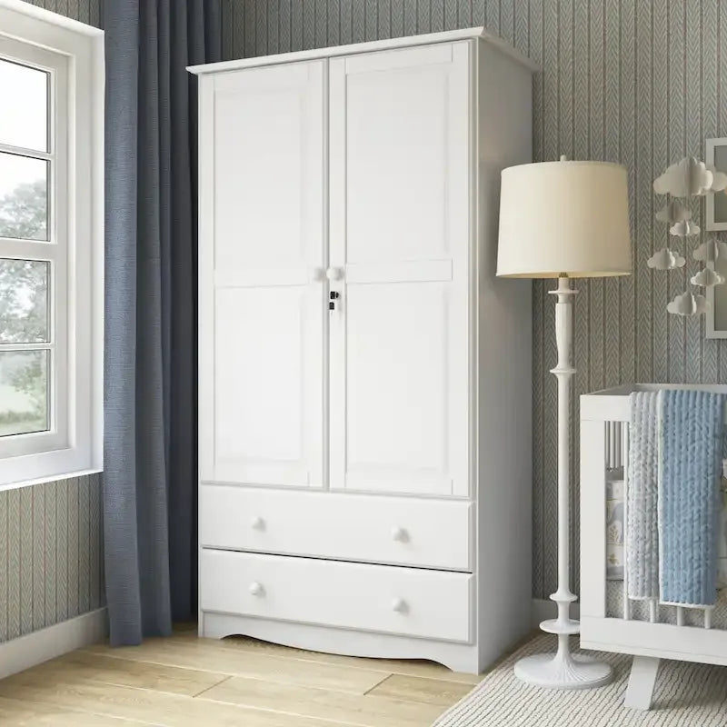 100% Solid Wood Wardrobe Armoire with 2 Drawers, Metal or Wooden Knobs