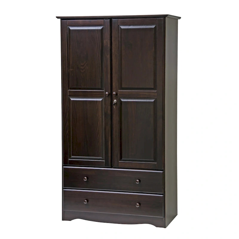 100% Solid Wood Wardrobe Armoire with 2 Drawers, Metal or Wooden Knobs