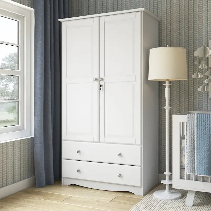 100% Solid Wood Wardrobe Armoire with 2 Drawers, Metal or Wooden Knobs