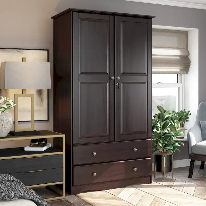 100% Solid Wood Wardrobe Armoire with 2 Drawers, Metal or Wooden Knobs