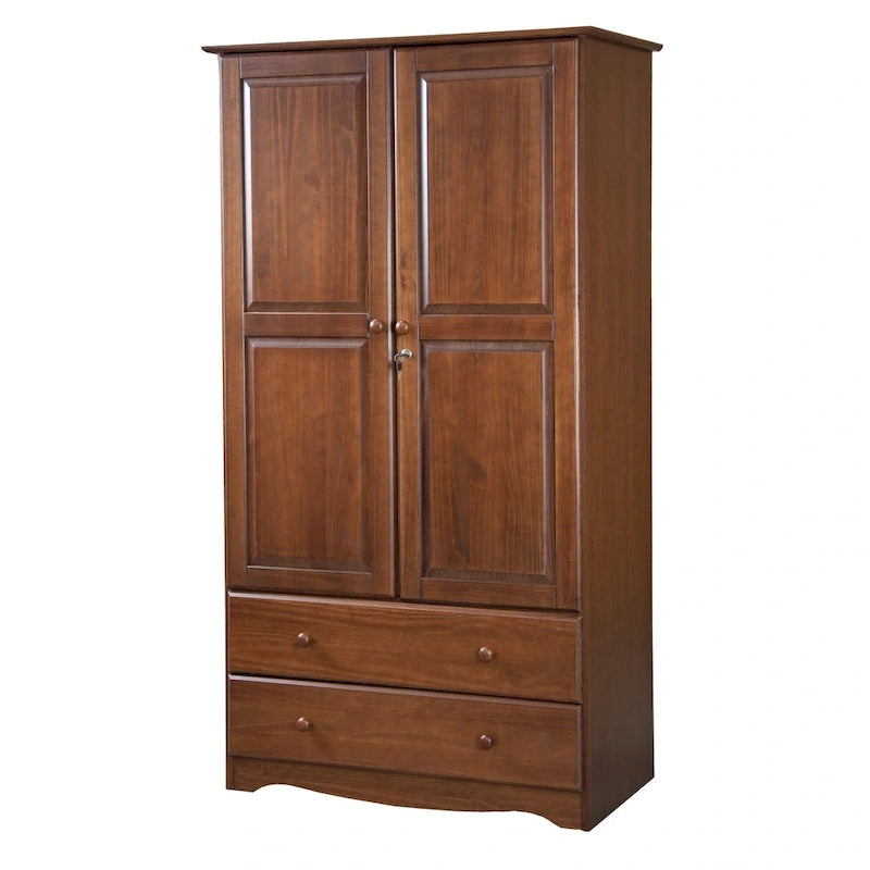 100% Solid Wood Wardrobe Armoire with 2 Drawers, Metal or Wooden Knobs