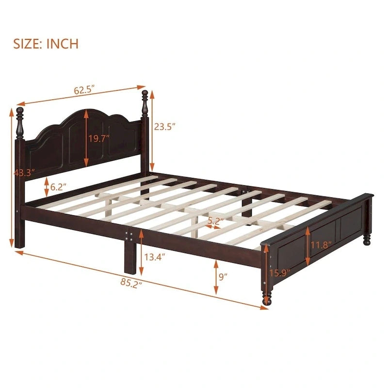 Queen Size Wood Platform Bed Frame - Retro Style, 500 lbs Capacity