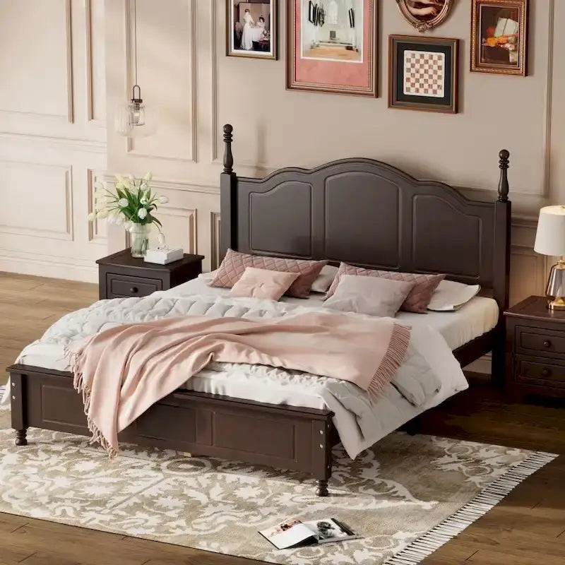 Queen Size Wood Platform Bed Frame - Retro Style, 500 lbs Capacity