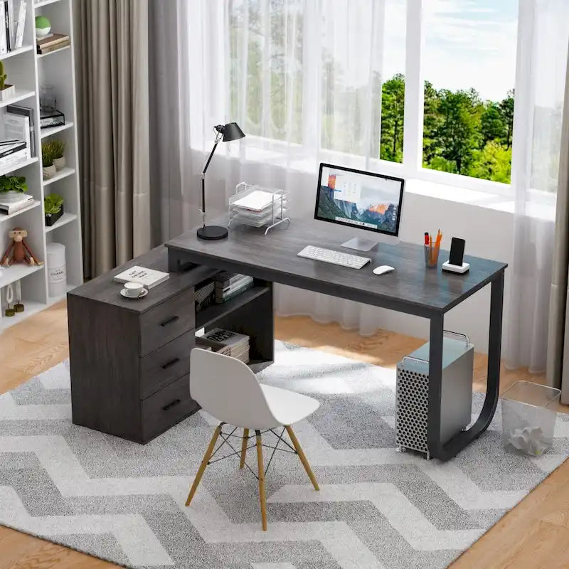 L-Shape Executive Desk with 3 Drawers and Side Storage Cabinet
