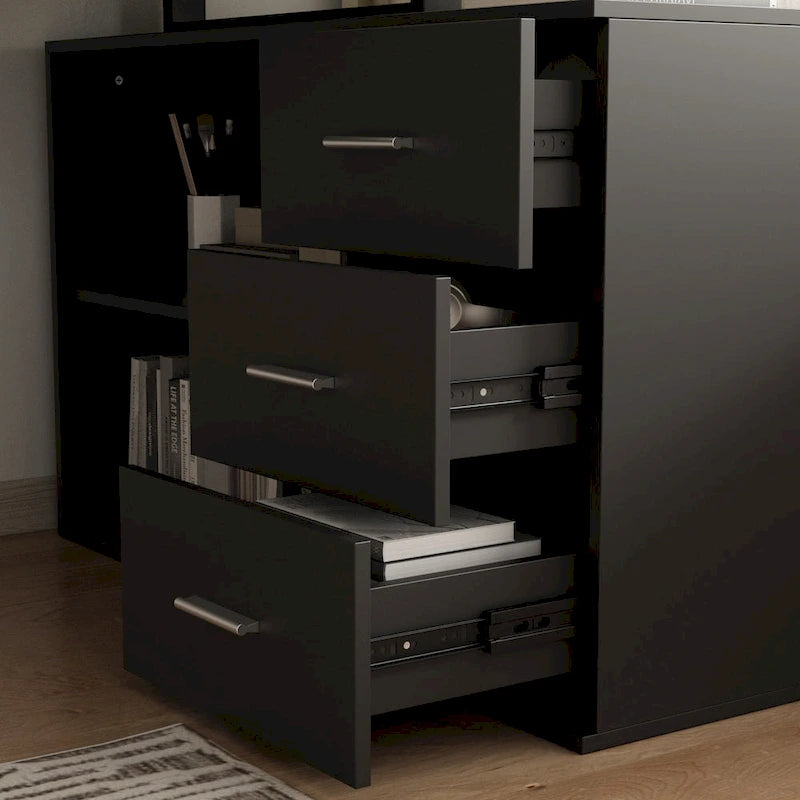 L-Shape Executive Desk with 3 Drawers and Side Storage Cabinet