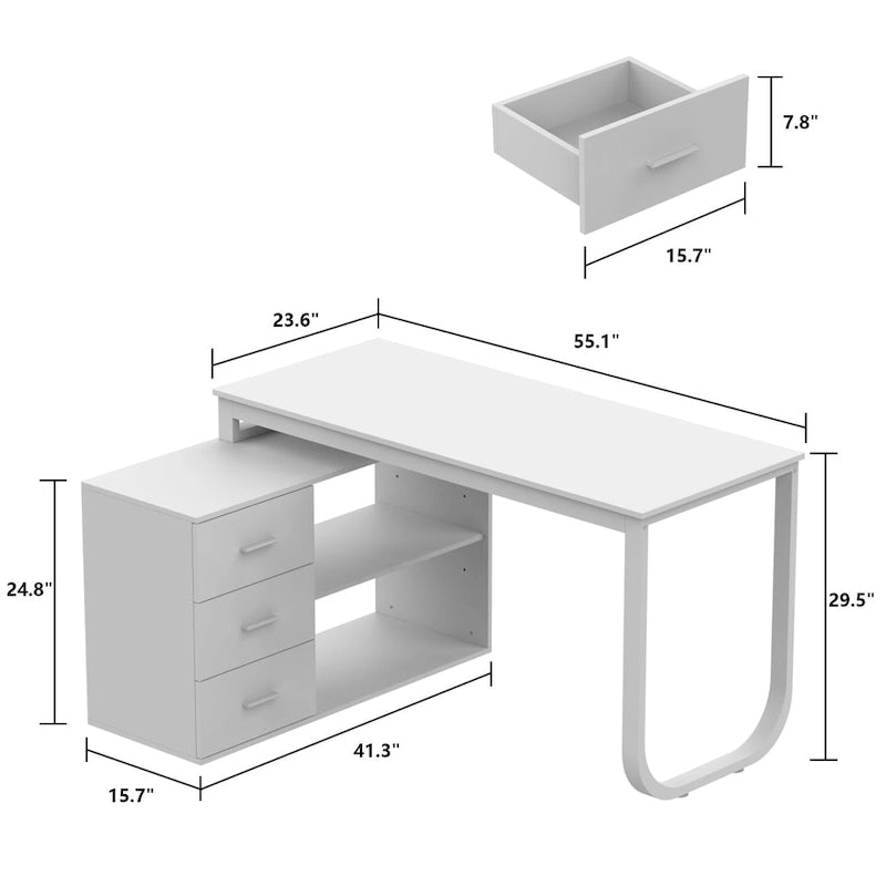 L-Shape Executive Desk with 3 Drawers and Side Storage Cabinet