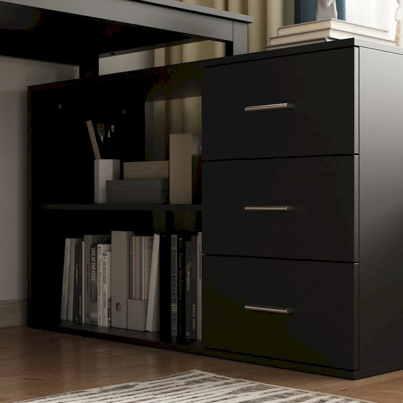 L-Shape Executive Desk with 3 Drawers and Side Storage Cabinet