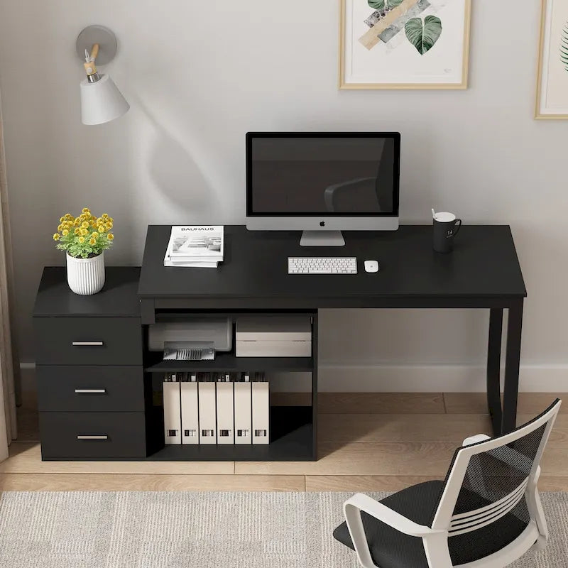 L-Shape Executive Desk with 3 Drawers and Side Storage Cabinet
