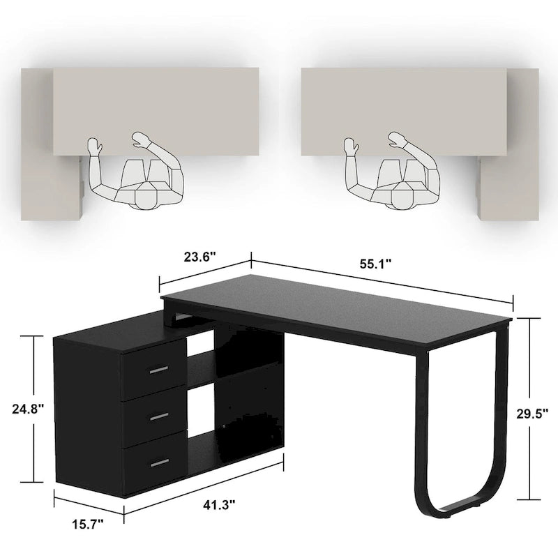 L-Shape Executive Desk with 3 Drawers and Side Storage Cabinet