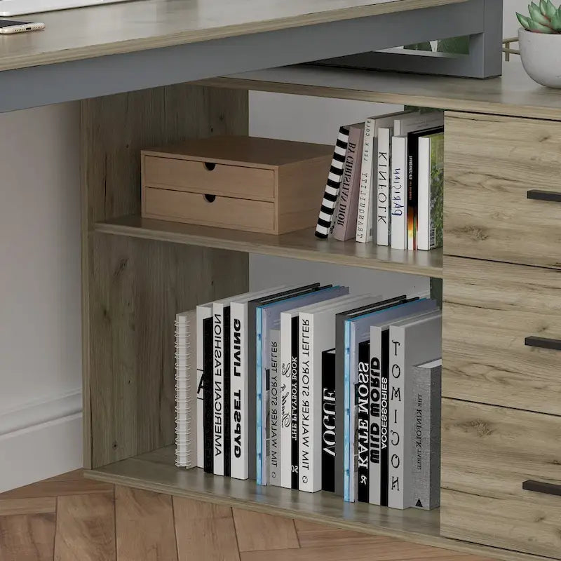 L-Shape Executive Desk with 3 Drawers and Side Storage Cabinet