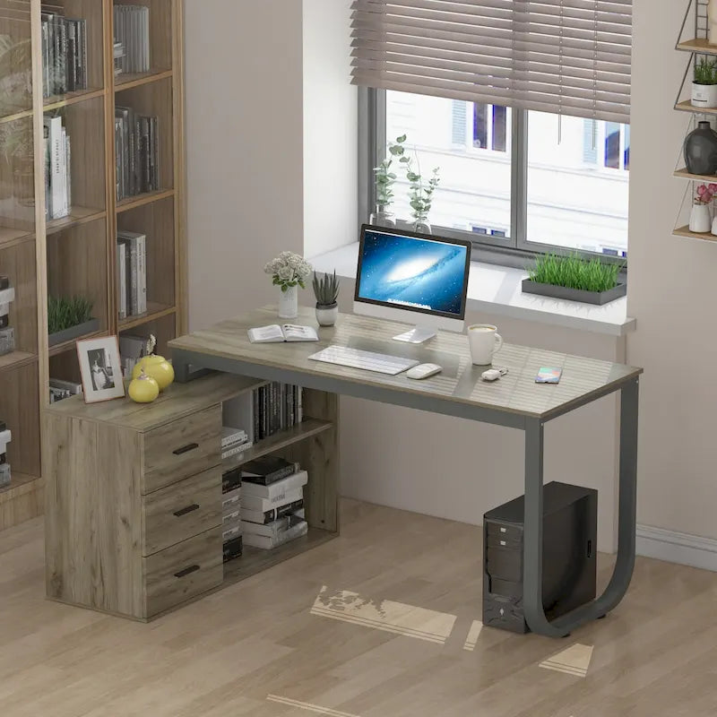 L-Shape Executive Desk with 3 Drawers and Side Storage Cabinet