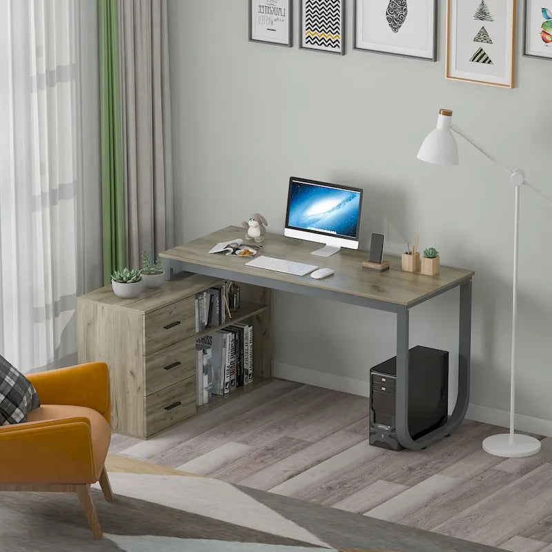 L-Shape Executive Desk with 3 Drawers and Side Storage Cabinet
