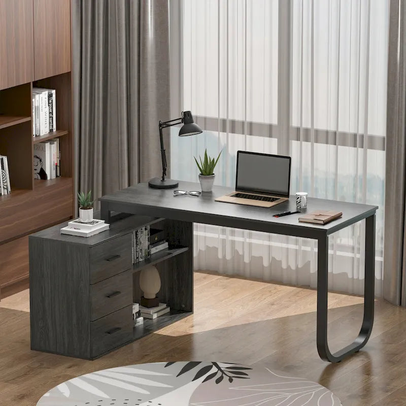 L-Shape Executive Desk with 3 Drawers and Side Storage Cabinet
