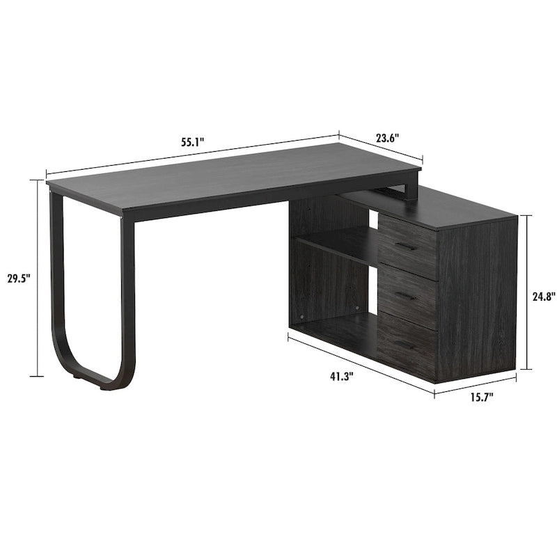 L-Shape Executive Desk with 3 Drawers and Side Storage Cabinet