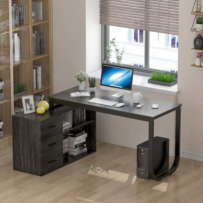 L-Shape Executive Desk with 3 Drawers and Side Storage Cabinet