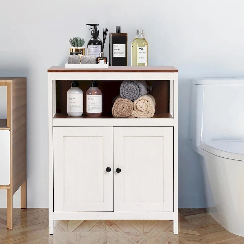 White and Brown Wood 2-Door Bathroom Storage Cabinet - 30.25 H x 23.63 W x 12.4 D