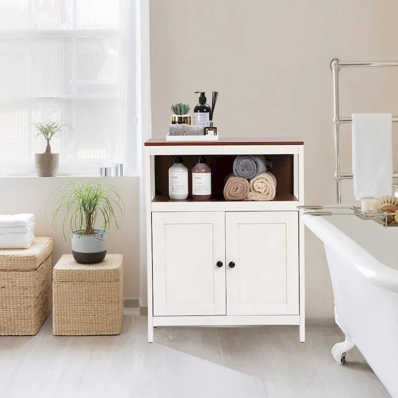 White and Brown Wood 2-Door Bathroom Storage Cabinet - 30.25 H x 23.63 W x 12.4 D