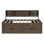 Full Size Wood Daybed with 2 Bedside Cabinets, Upper Shelves and 4 Drawers, Antique Brown
