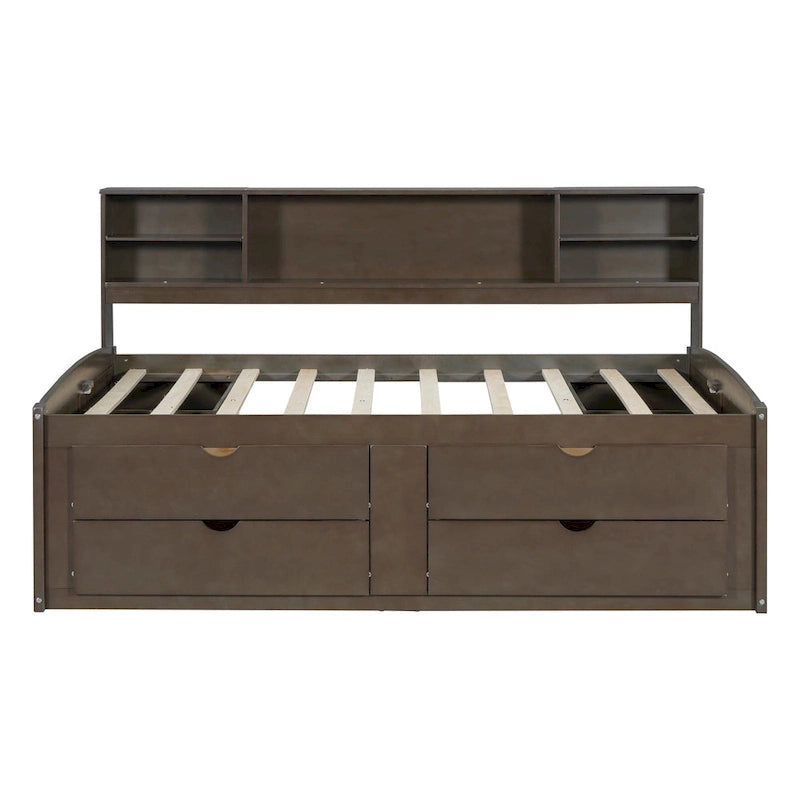 Full Size Wood Daybed with 2 Bedside Cabinets, Upper Shelves and 4 Drawers, Antique Brown